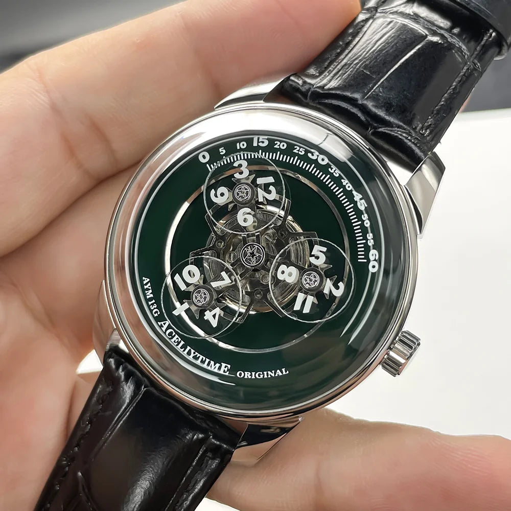 Fashion Men Automatic Mechanical Watch Skeleton Dial 316L Stainless Steel Case Waterproof Genuine Leather Strap Wristwatch