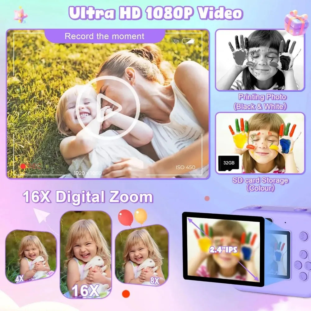 Kids Thermal Instant Print Camera – 1080P with 32GB Card