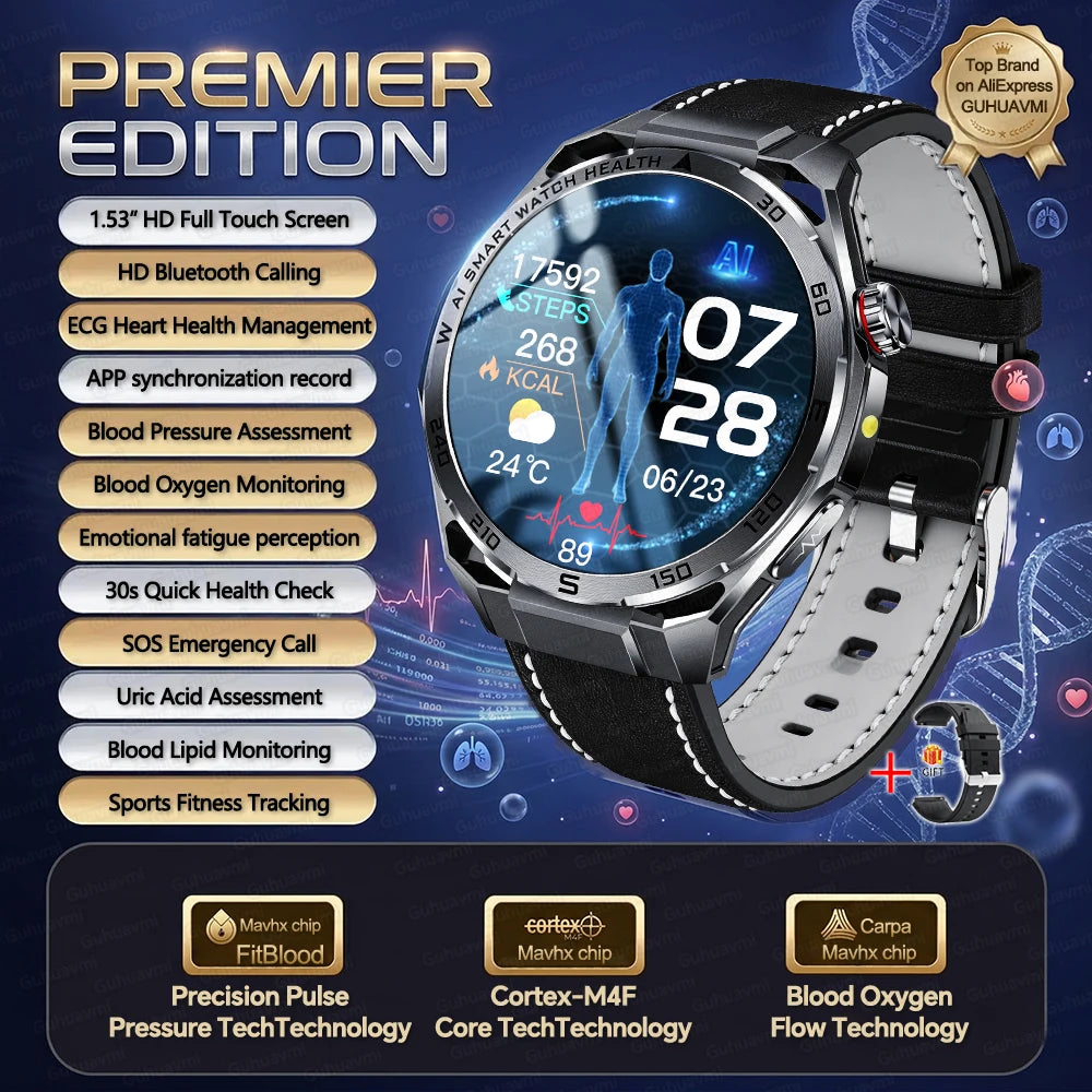 Nursing-Grade AI ECG Smart Watch | Sapphire Glass & Bluetooth
