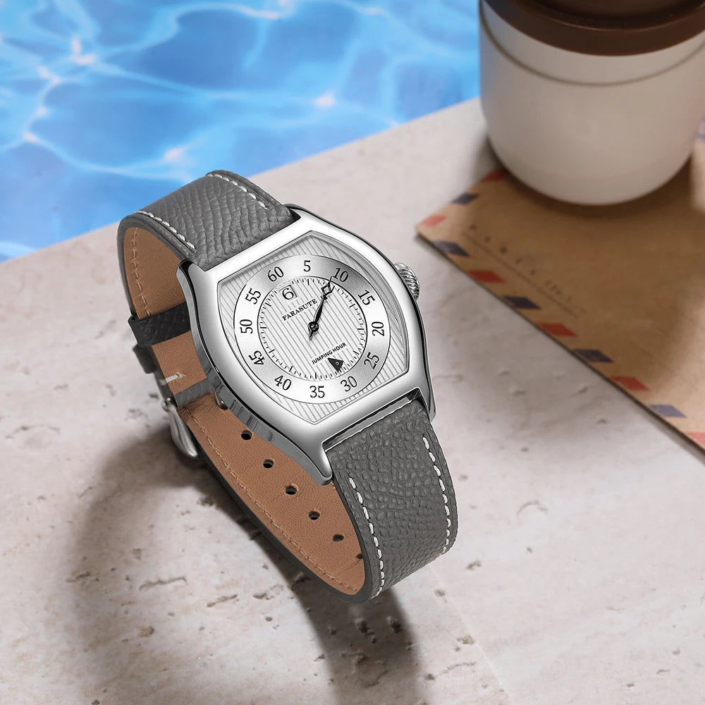 FARASUTE Retro Salmon Dial Jumping Hour Wristwatch For Men Seagull St17 Full Automatic Male Sapphire Vintage Date Window Watch