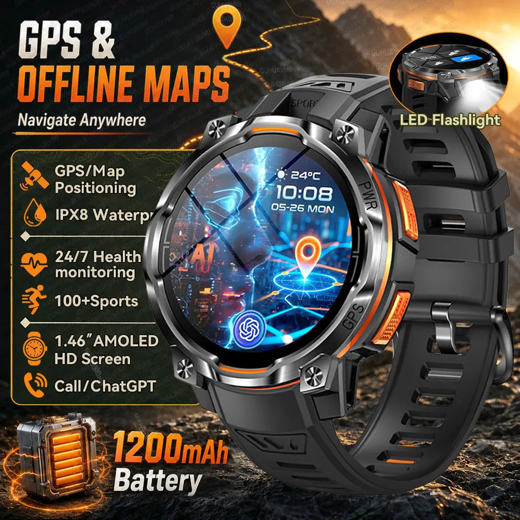 GPS Smart Watch – 1200mAh, IPX8, Bluetooth Call & Health Monitor