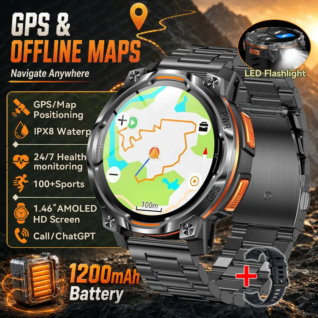 GPS Smart Watch – 1200mAh, IPX8, Bluetooth Call & Health Monitor