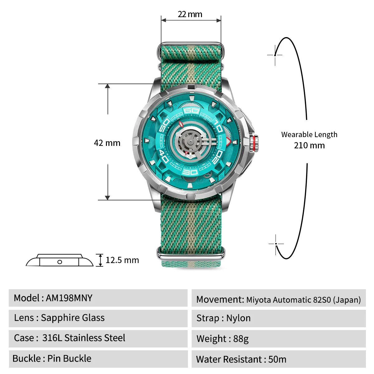 BERNY Automatic Skeleton Watch – MIYOTA 82S0, Sapphire, 5ATM, 3D Dial