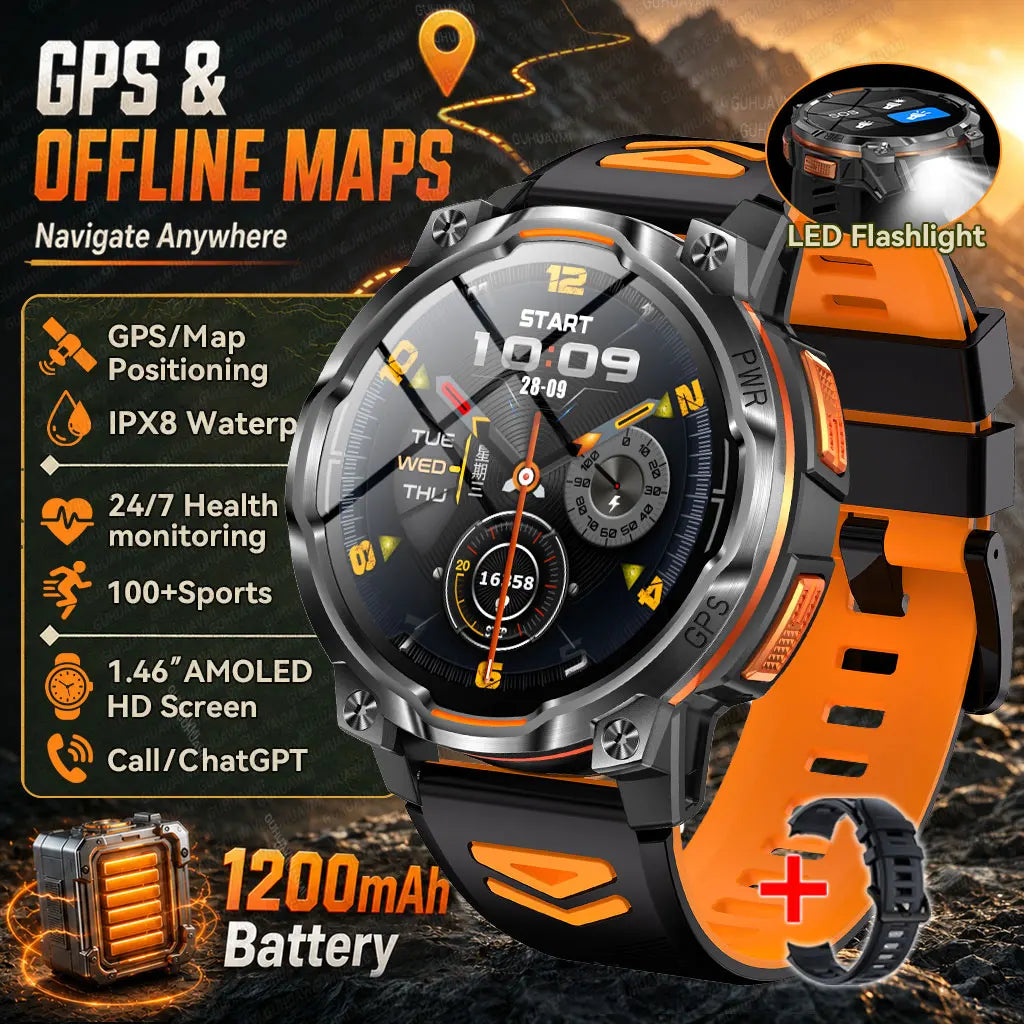 GPS Smart Watch – 1200mAh, IPX8, Bluetooth Call & Health Monitor