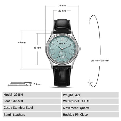 BERNY 2944M Slim Dress Watch – 38mm, 7.5mm Thin, Miyota Quartz, Leather Strap