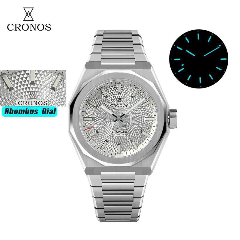 Cronos New Rhombus Perlage 39mm  Skeleton Dial PT5004 Miyota 90S5 See-through Caseback Men Automatic Wristwatches 10ATM Lumious