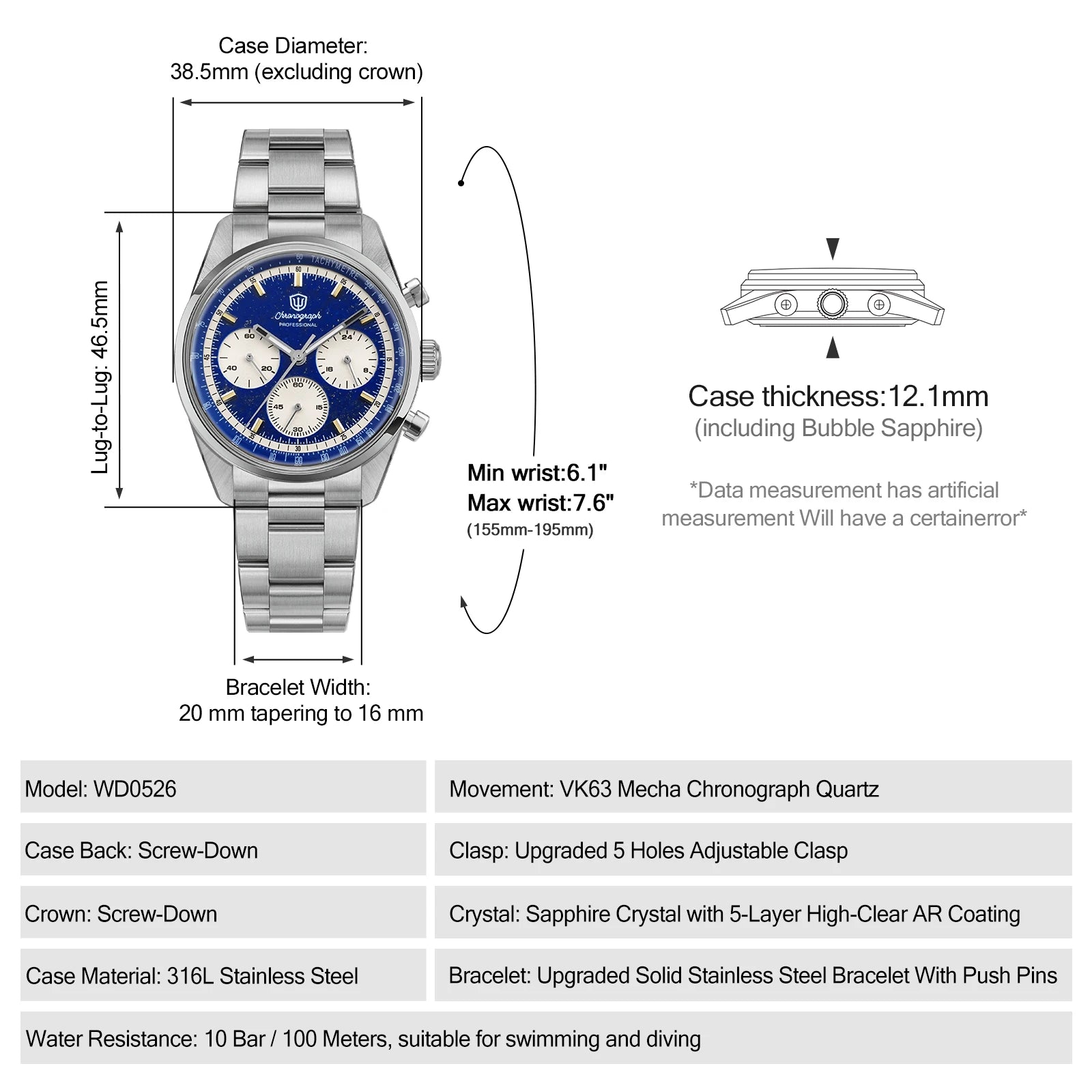 Watchdives WD0526 VK63 Mecha Quartz Chronograph Watch 38.5mm Sapphire Crystal 100M Waterproof Stainless Steel Men Watch