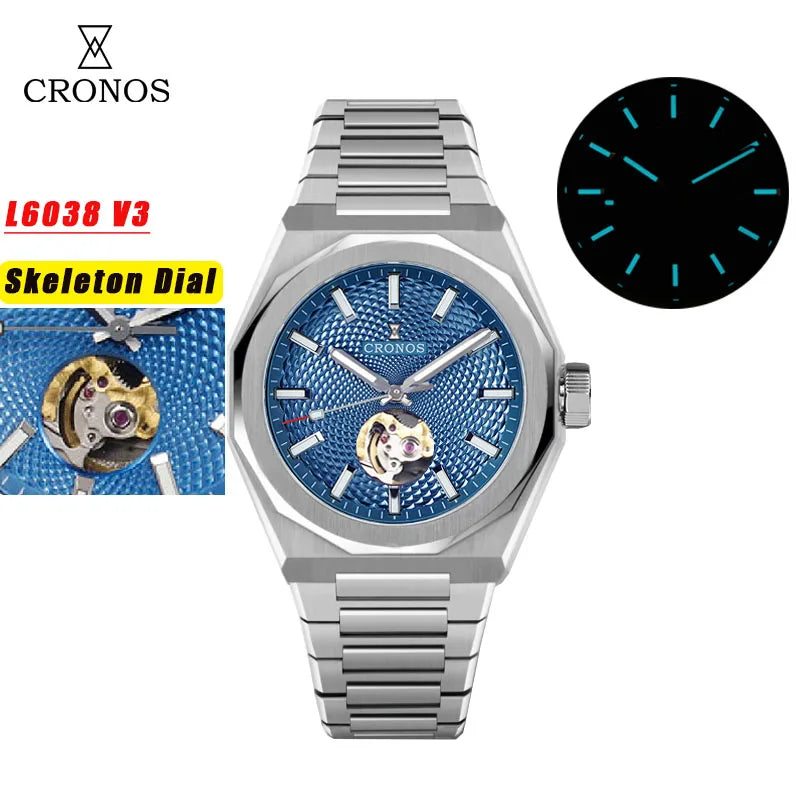 Cronos New Rhombus Perlage 39mm  Skeleton Dial PT5004 Miyota 90S5 See-through Caseback Men Automatic Wristwatches 10ATM Lumious
