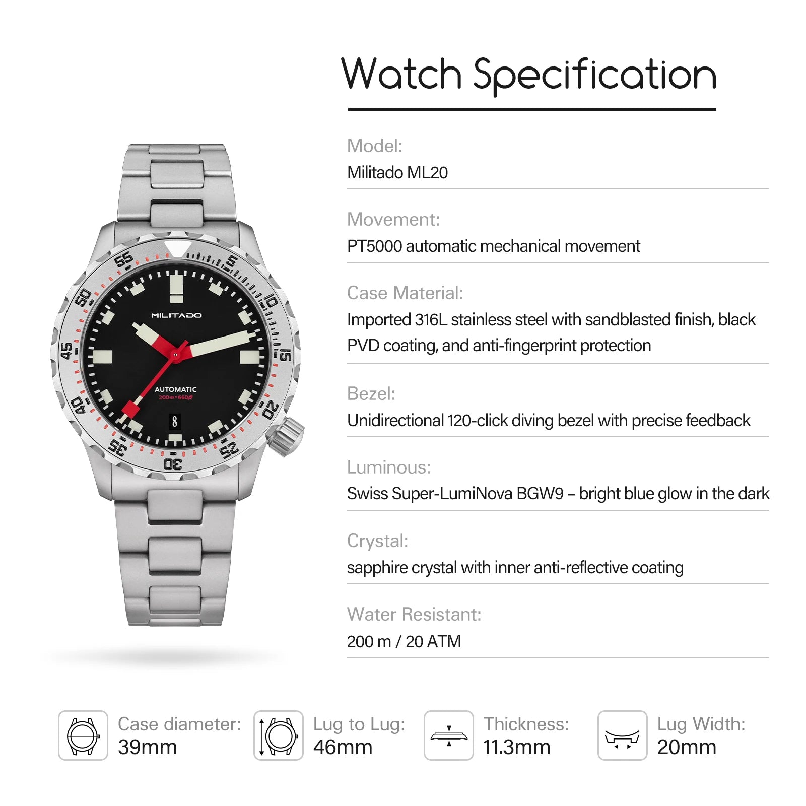MILITADO ML20 Automatic Diver Watch – 39mm PT5000, Sapphire Crystal, 200m