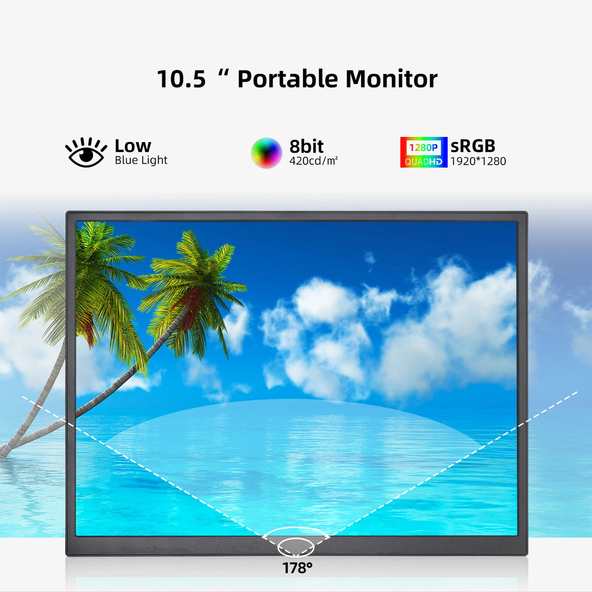 ZSUS 10.5" Portable Monitor – 1280P, 100% sRGB, Low Blue Light