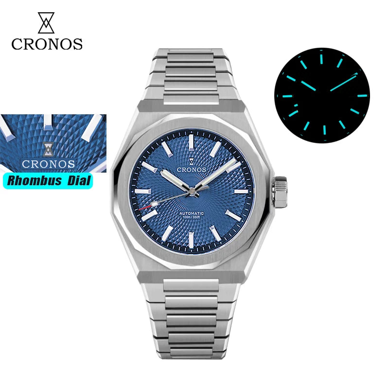 Cronos New Rhombus Perlage 39mm  Skeleton Dial PT5004 Miyota 90S5 See-through Caseback Men Automatic Wristwatches 10ATM Lumious
