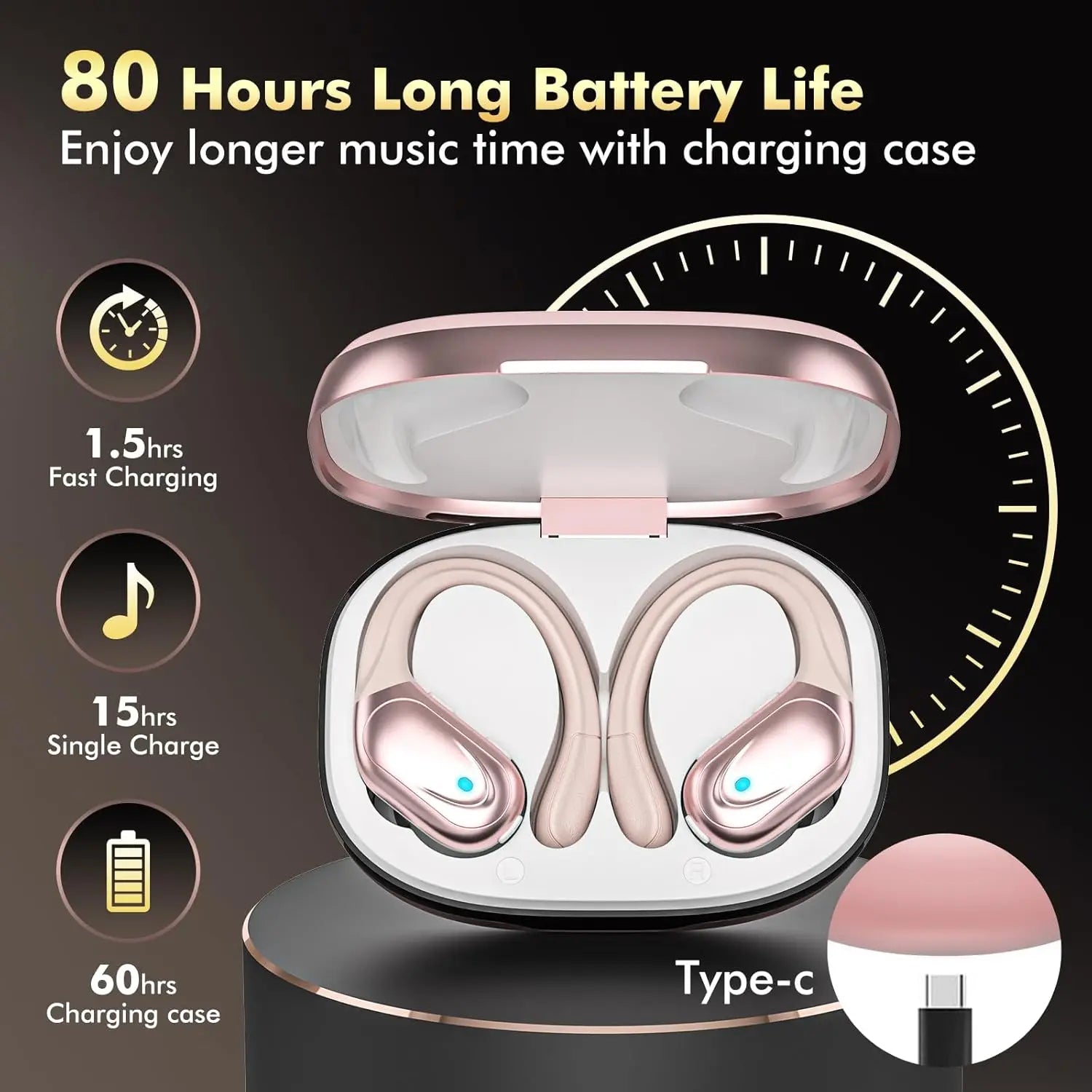Wireless Sport Earbuds – 80H Battery, Earhook, ANC Mic
