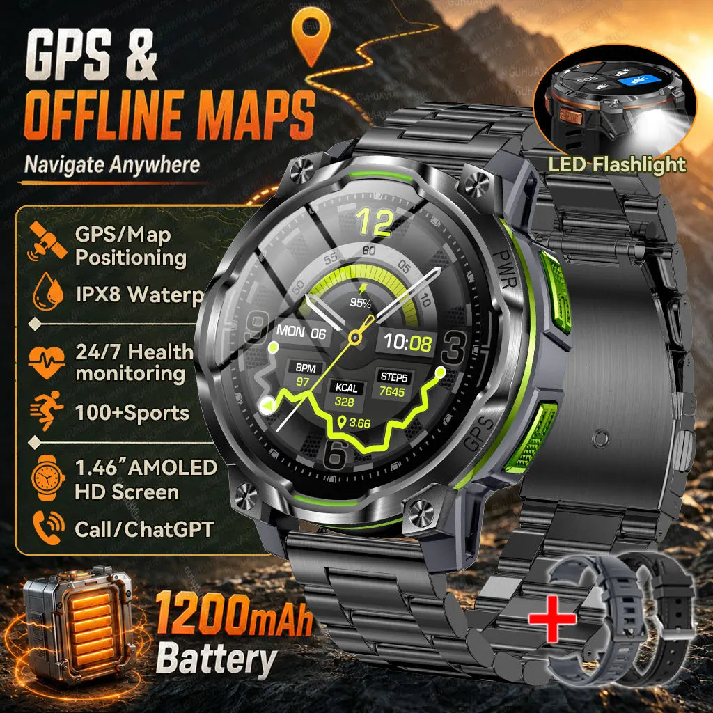 GPS Smart Watch – 1200mAh, IPX8, Bluetooth Call & Health Monitor