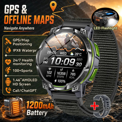 GPS Smart Watch – 1200mAh, IPX8, Bluetooth Call & Health Monitor