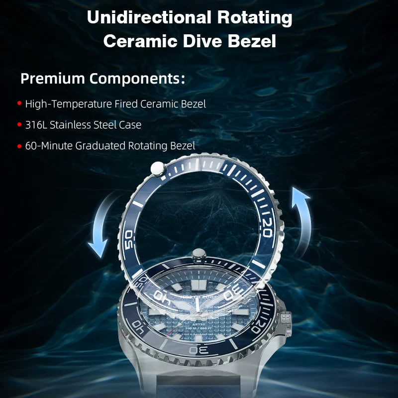 NORTH EDGE ABYSS Men Solar Powered Diving Quartz Luxury Watch 200M Waterproof Dive Sports Watches 316L Steel Case 180+ Day Power