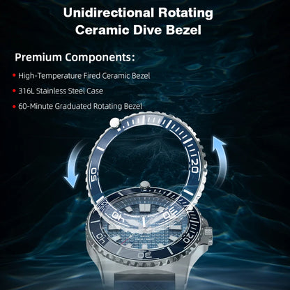 NORTH EDGE ABYSS Solar Diver-Style Watch – Ceramic Bezel, Ice-Texture Dial, 200m