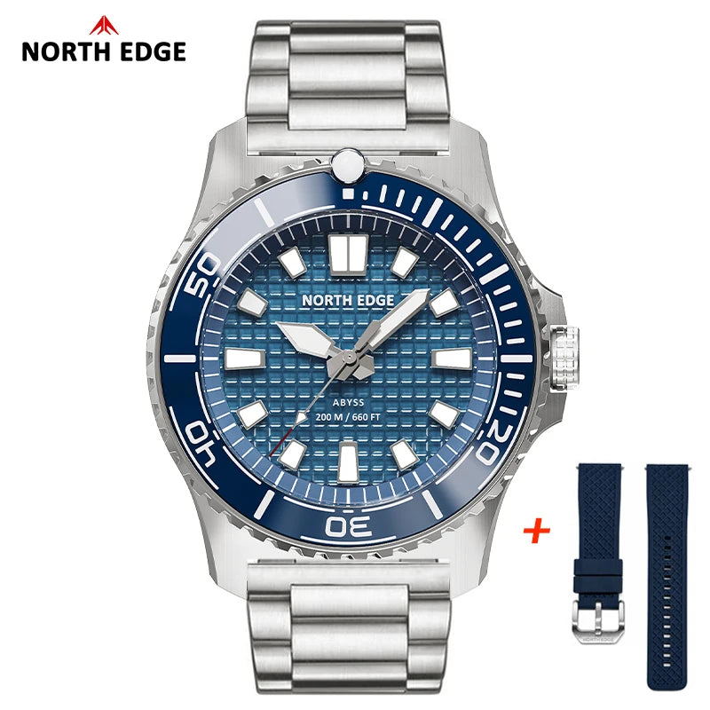 NORTH EDGE ABYSS Men Solar Powered Diving Quartz Luxury Watch 200M Waterproof Dive Sports Watches 316L Steel Case 180+ Day Power