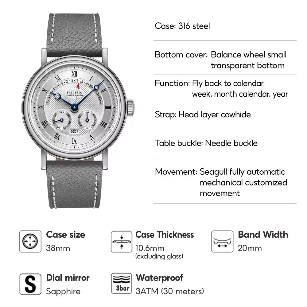 FARASUTE Automatic Calendar Watch – Seagull Movement, Sapphire, 38mm