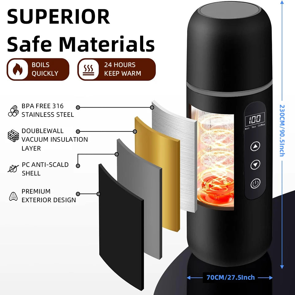 Portable Car Kettle 500ml – 12V/24V Heated Travel Mug, Adjustable Temperature