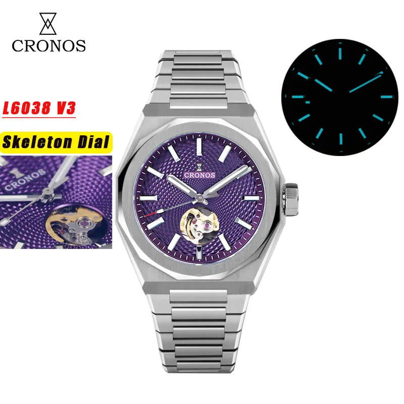 Cronos New Rhombus Perlage 39mm  Skeleton Dial PT5004 Miyota 90S5 See-through Caseback Men Automatic Wristwatches 10ATM Lumious