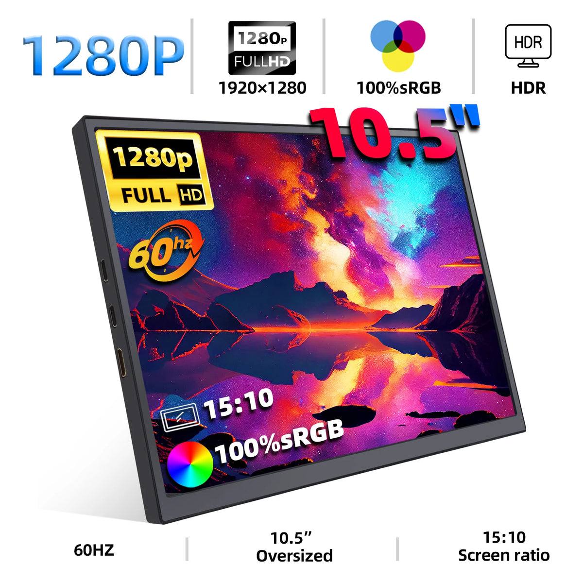ZSUS 10.5" Portable Monitor – 1280P, 100% sRGB, Low Blue Light