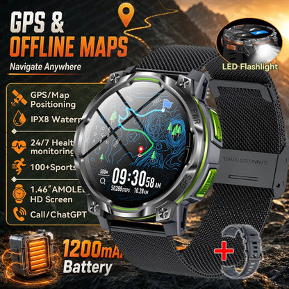 GPS Smart Watch – 1200mAh, IPX8, Bluetooth Call & Health Monitor