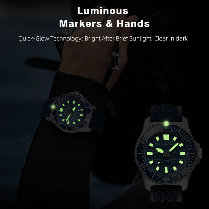 NORTH EDGE ABYSS Men Solar Powered Diving Quartz Luxury Watch 200M Waterproof Dive Sports Watches 316L Steel Case 180+ Day Power