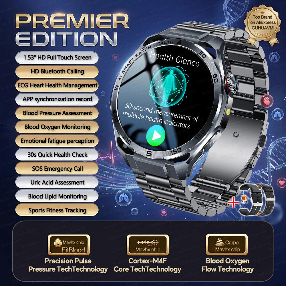 Nursing-Grade AI ECG Smart Watch | Sapphire Glass & Bluetooth