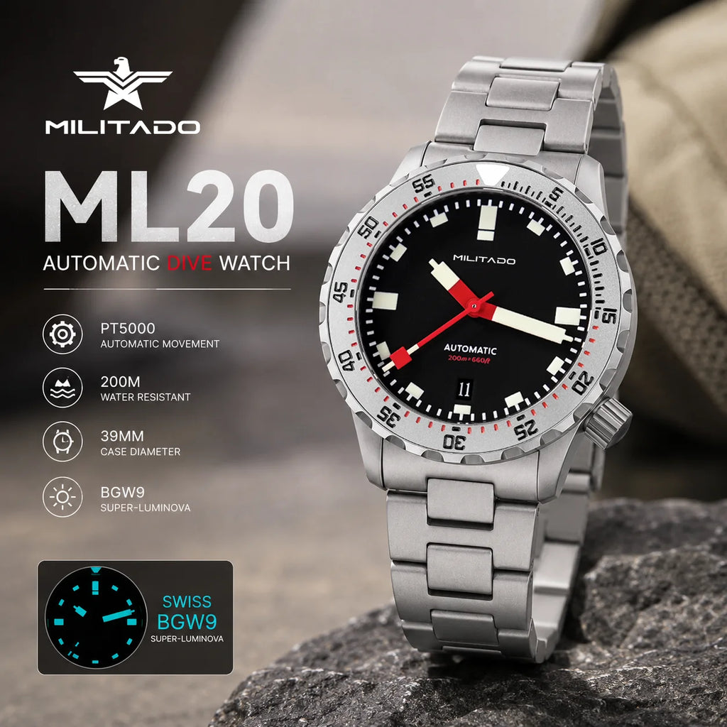 MILITADO ML20 Automatic Diver Watch – 39mm PT5000, Sapphire Crystal, 200m