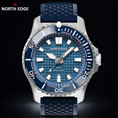 NORTH EDGE ABYSS Solar Diver-Style Watch – Ceramic Bezel, Ice-Texture Dial, 200m