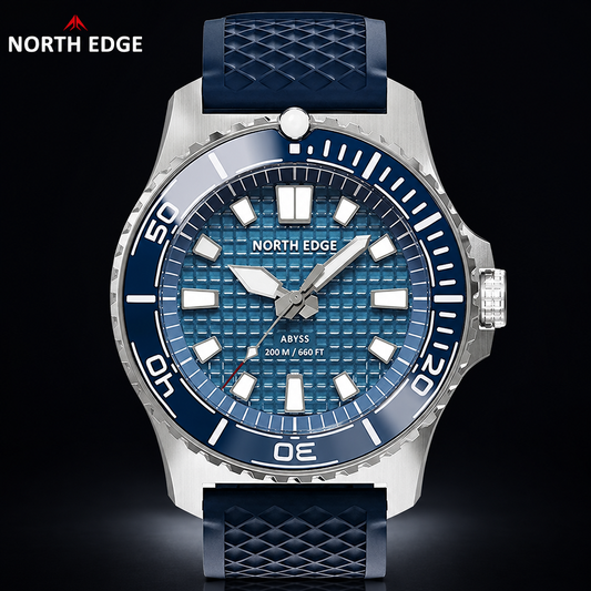 NORTH EDGE ABYSS Solar Diver-Style Watch – Ceramic Bezel, Ice-Texture Dial, 200m