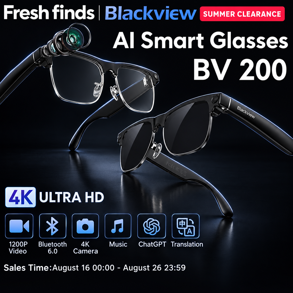 Blackview BV200 smart glasses, dark studio, no prices