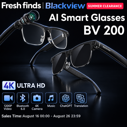 Blackview BV200 smart glasses, dark studio, no prices