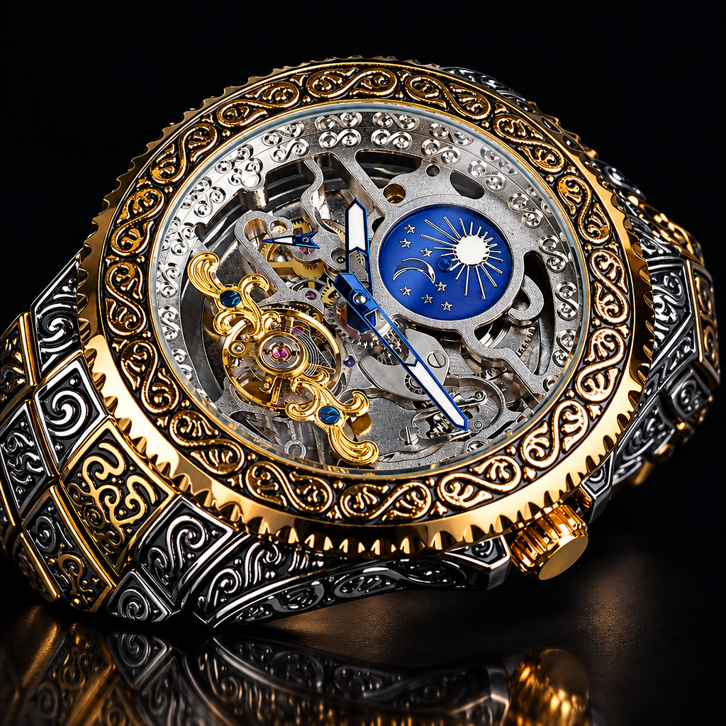 Forsining skeleton watch, dark studio
