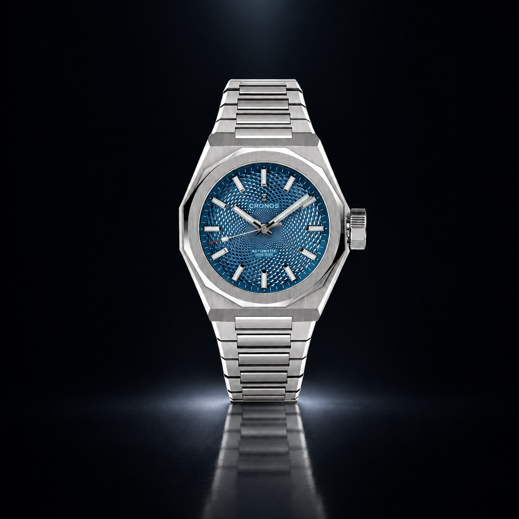 Cronos L6028 automatic watch with blue perlage dial on a dark background
