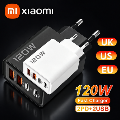 4-port USB-C fast charger adapter on a dark background