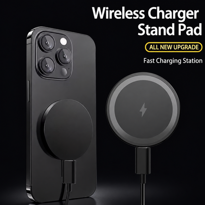 Mini magnetic wireless charger stand with LED on a dark background