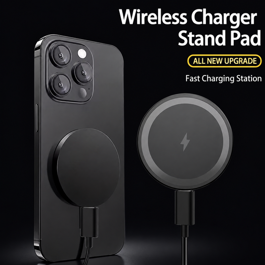 Mini magnetic wireless charger stand with LED on a dark background