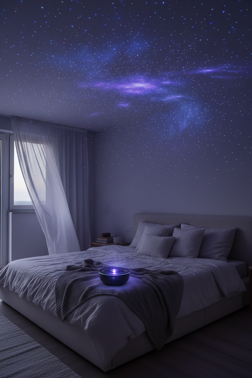 GizmoLaxy Galaxy Star Projector casting a magical starry night sky in a cosy bedroom
