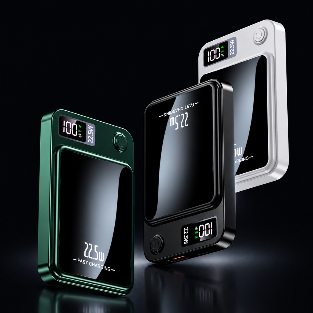 10,000mAh magnetic wireless power banks with LED displays on a dark background