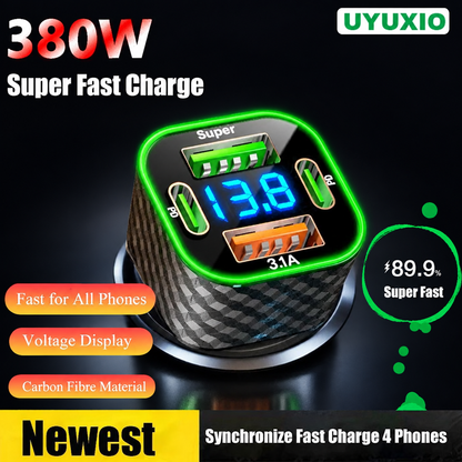 UYUXIO 4-in-1 USB-C car charger with dual PD ports and voltage display on a dark background