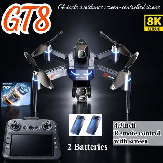 GT8 foldable camera drone with screen controller on a dark background