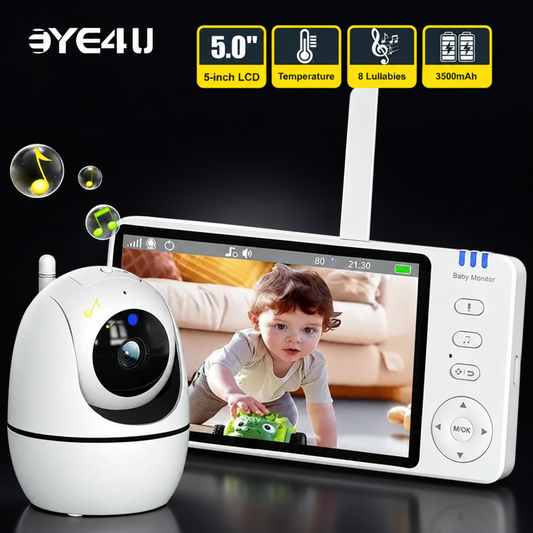 5 inch video baby monitor with pan-tilt camera on a dark background