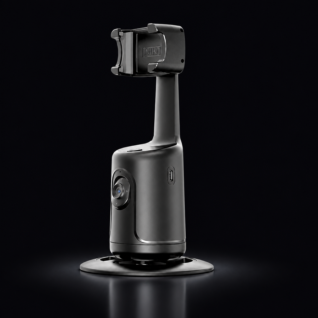 360 degree auto face tracking phone holder on a dark background