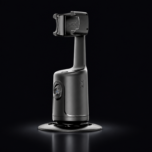 360 degree auto face tracking phone holder on a dark background