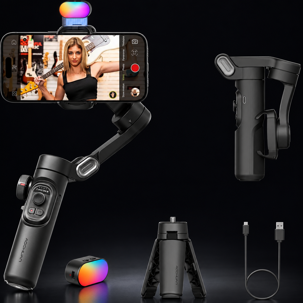 AOCHUAN Smart XE 3-axis smartphone gimbal stabilizer on a dark background