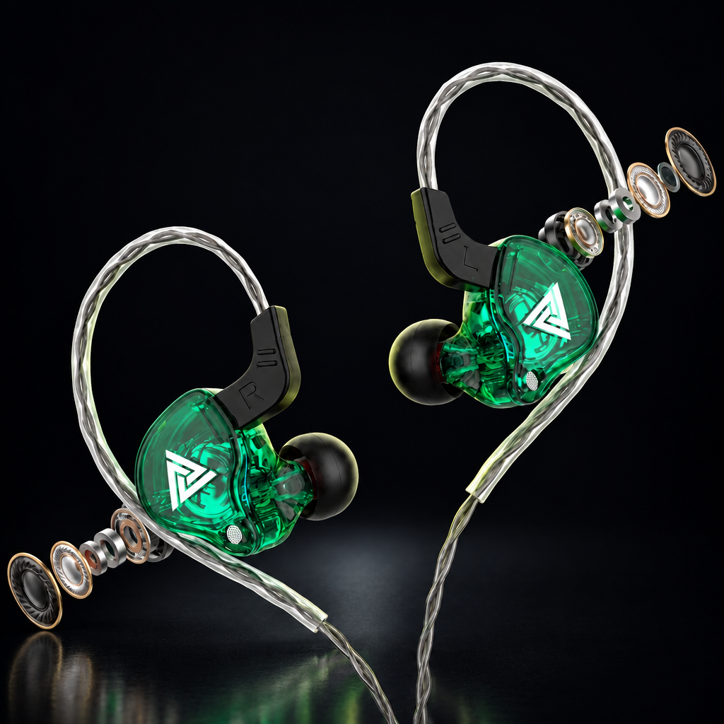 QKZ AK6 wired in-ear earbuds with ear hooks on a dark background