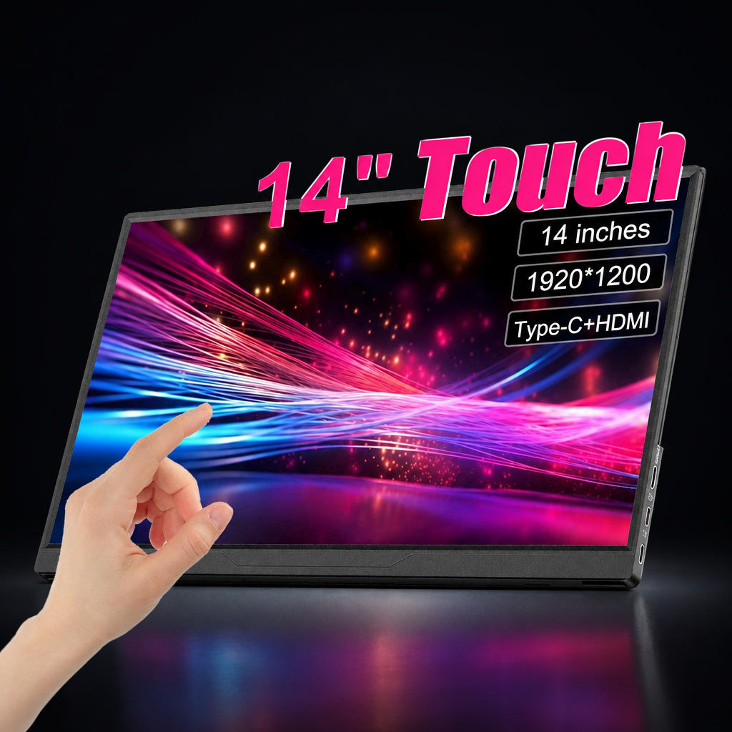 14 inch portable touchscreen monitor with USB-C and HDMI on a dark background