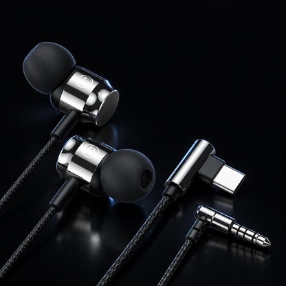Wired in-ear gaming headset with HiFi bass, Type-C and 3.5mm plug, on a dark background