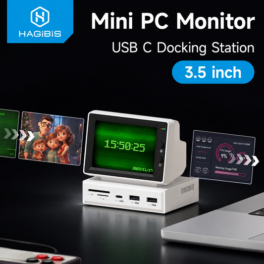 Hagibis 3.5 inch mini PC monitor screen with USB-C hub on a dark background
